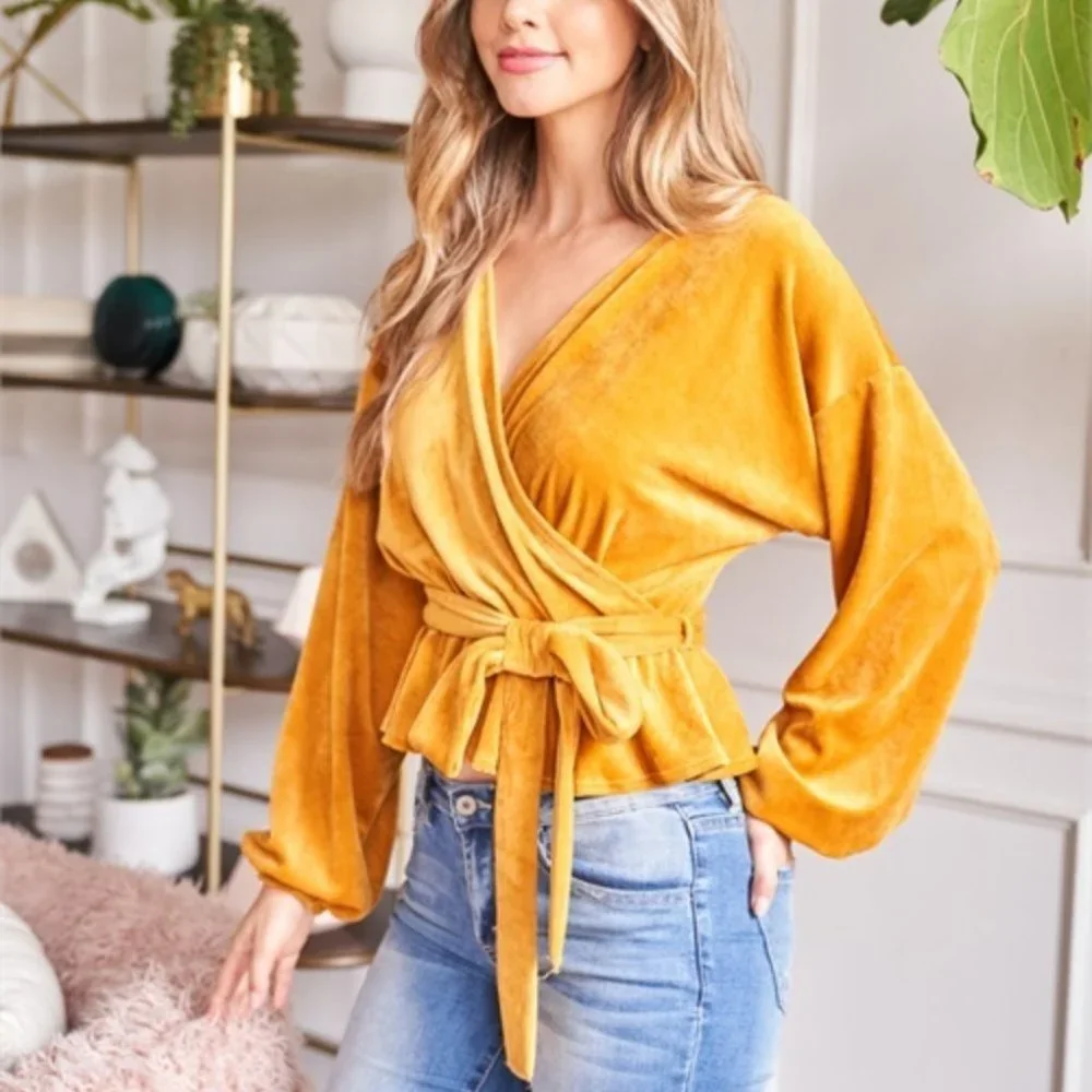 BOHO velour bishop sleeve belted MUSTARD TOP_5